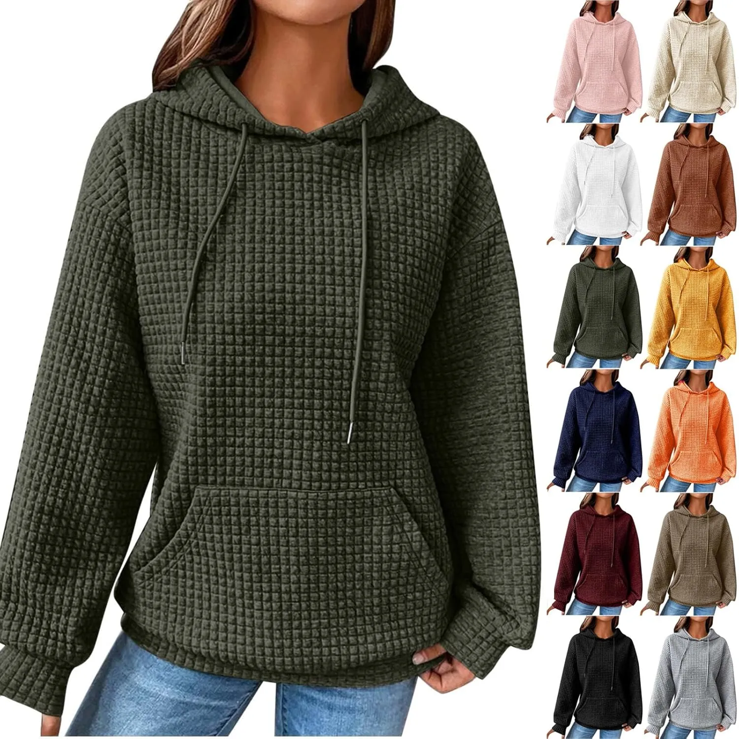 Womens Hoodies Pullover Quilted Long Sleeve Knit Oversized Sweatshirt Fall Drawstring Hooded Sweatshirts with Pocket