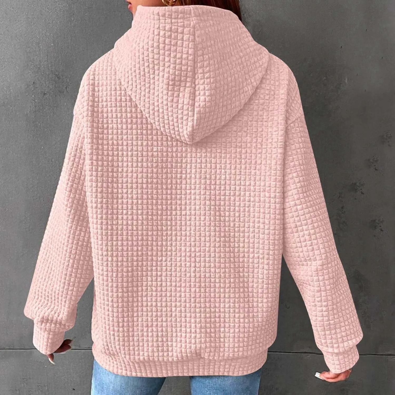 Womens Hoodies Pullover Quilted Long Sleeve Knit Oversized Sweatshirt Fall Drawstring Hooded Sweatshirts with Pocket