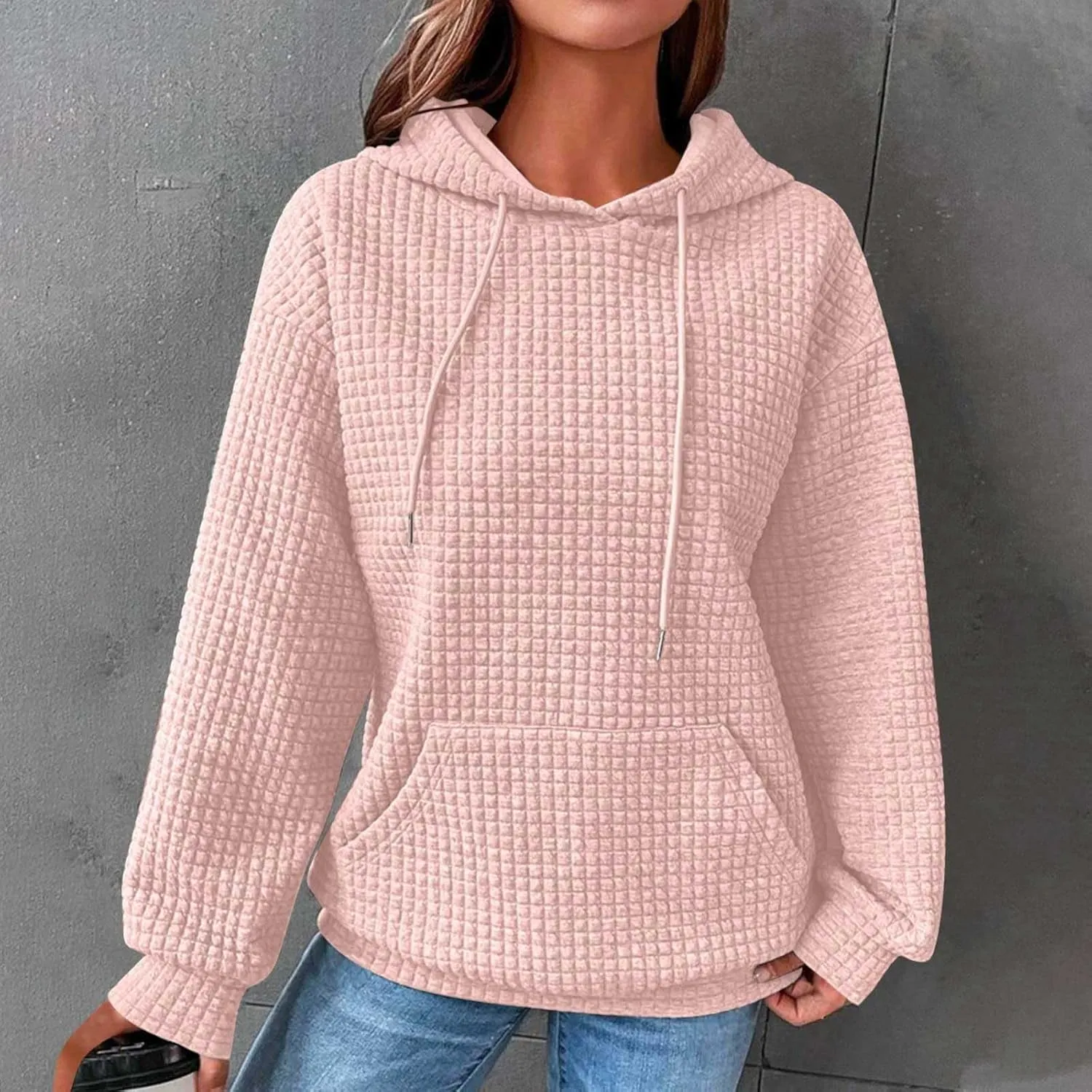 Womens Hoodies Pullover Quilted Long Sleeve Knit Oversized Sweatshirt Fall Drawstring Hooded Sweatshirts with Pocket