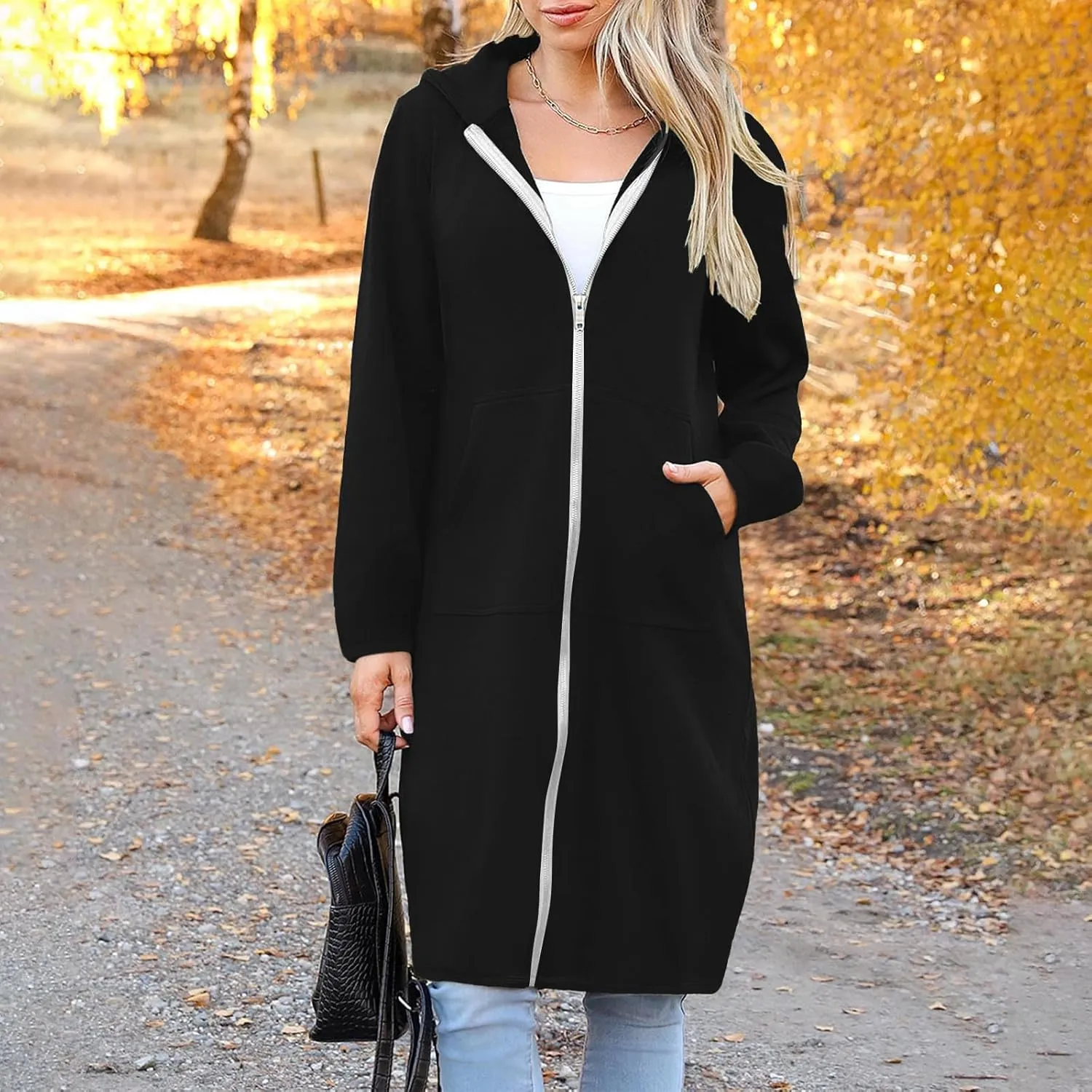 Womens Long Length Zip Up Hoodies Lightweight Fleece Jacket Oversized Tunic Sweatshirt Fashion Fall Zipper Hoodie