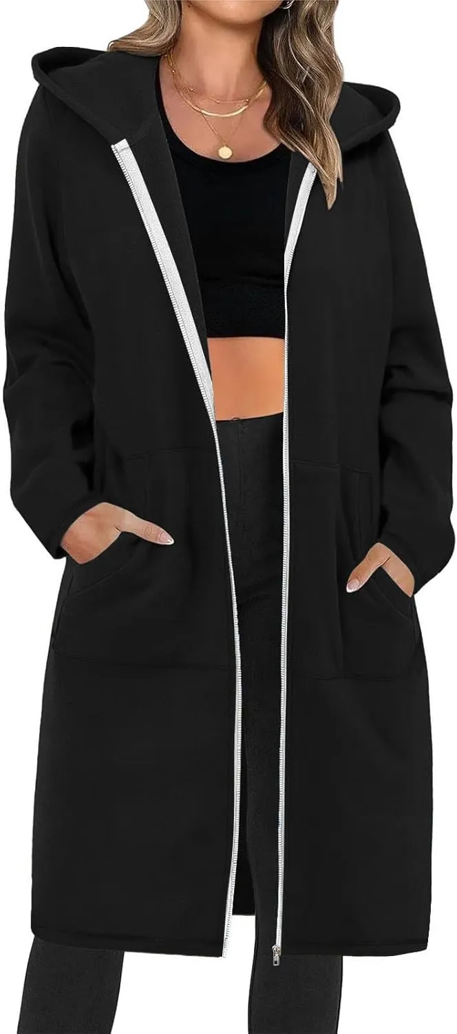 Womens Long Length Zip Up Hoodies Lightweight Fleece Jacket Oversized Tunic Sweatshirt Fashion Fall Zipper Hoodie