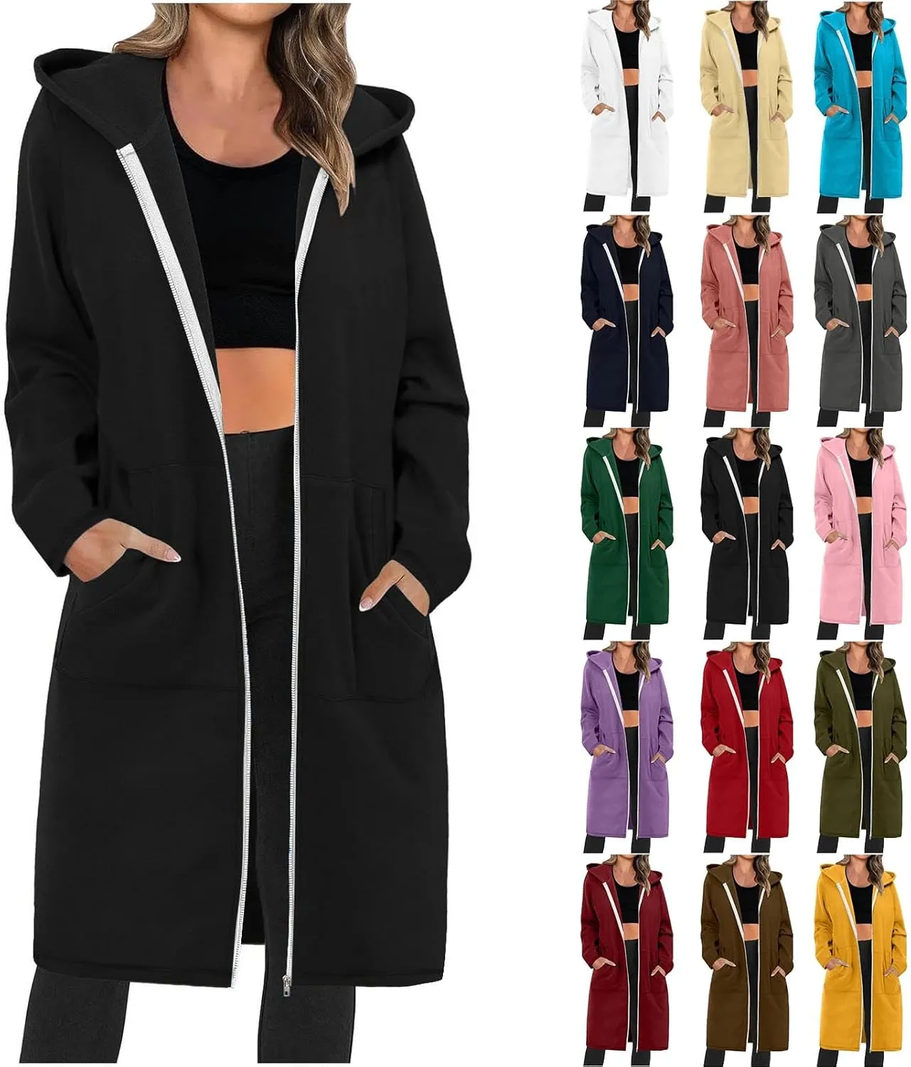 Womens Long Length Zip Up Hoodies Lightweight Fleece Jacket Oversized Tunic Sweatshirt Fashion Fall Zipper Hoodie