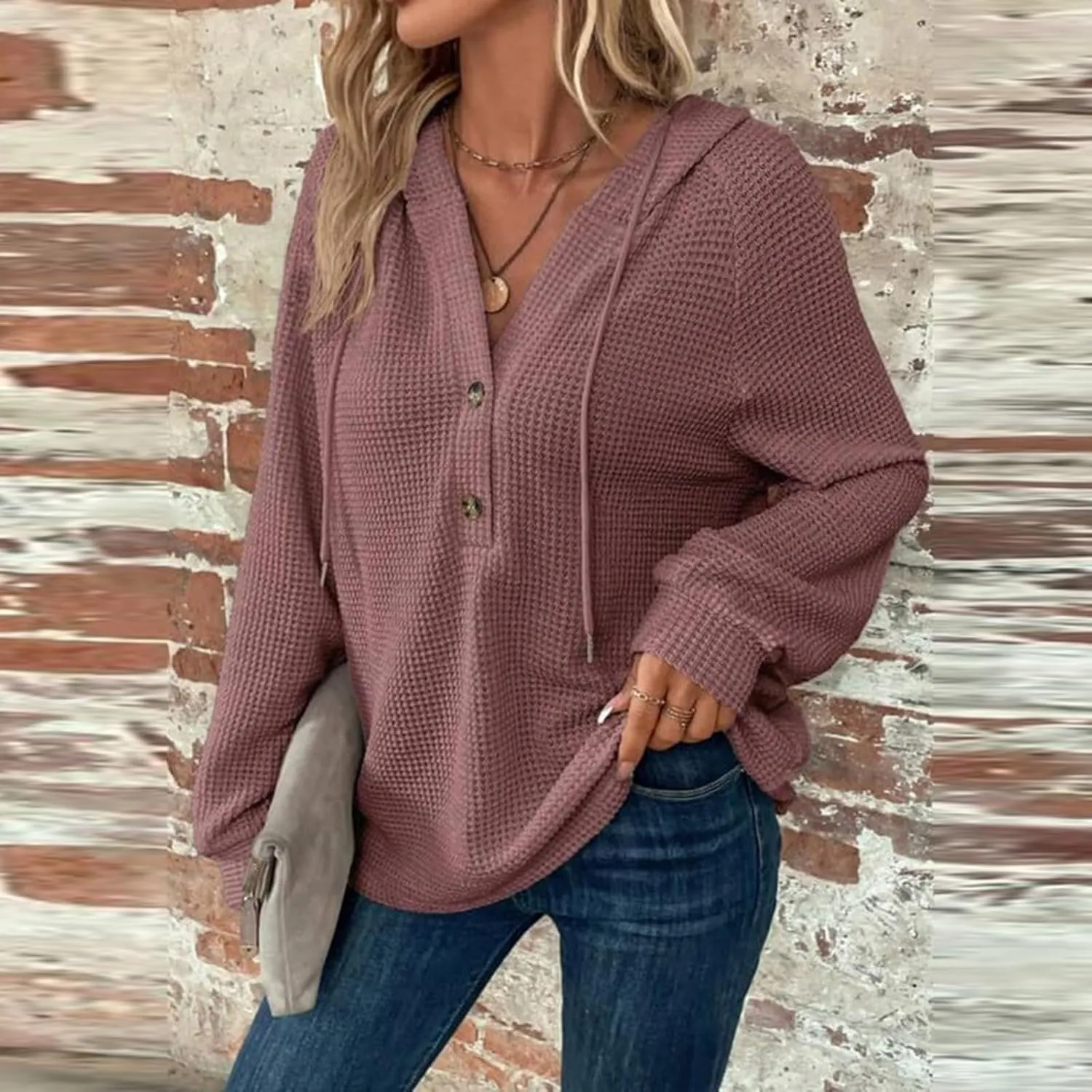 Womens Long Sleeve Hoodies 2024 Drawstring Sweatshirt Loose Button Comfy V-Neck Top Dressy Daily Clothes