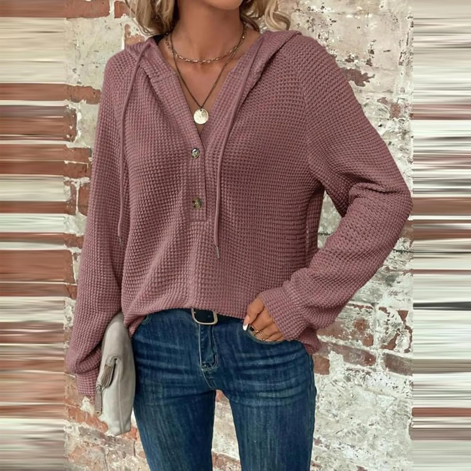 Womens Long Sleeve Hoodies 2024 Drawstring Sweatshirt Loose Button Comfy V-Neck Top Dressy Daily Clothes