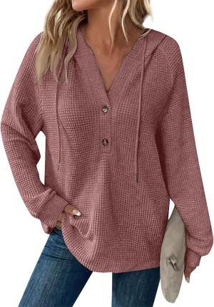 Womens Long Sleeve Hoodies 2024 Drawstring Sweatshirt Loose Button Comfy V-Neck Top Dressy Daily Clothes