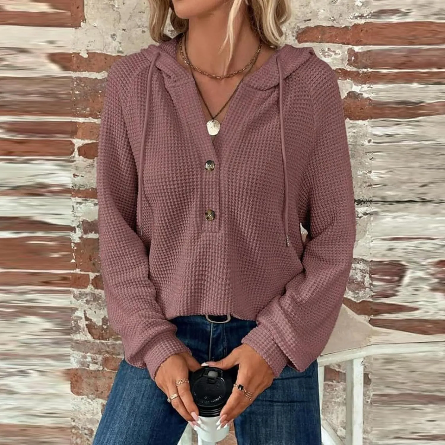 Womens Long Sleeve Hoodies 2024 Drawstring Sweatshirt Loose Button Comfy V-Neck Top Dressy Daily Clothes