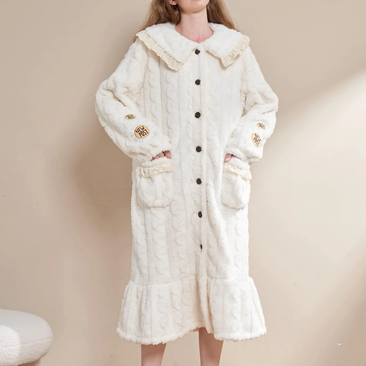 Women's Long Sleeve Nightgown Winter Plush Button Up Housecoat Floral Warm Fleece Sleep Dress Cute Cozy Duster Robe