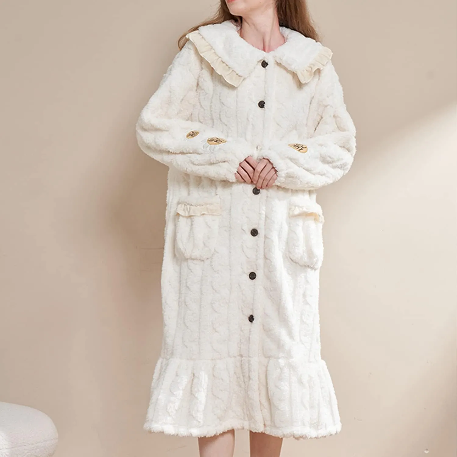Women's Long Sleeve Nightgown Winter Plush Button Up Housecoat Floral Warm Fleece Sleep Dress Cute Cozy Duster Robe