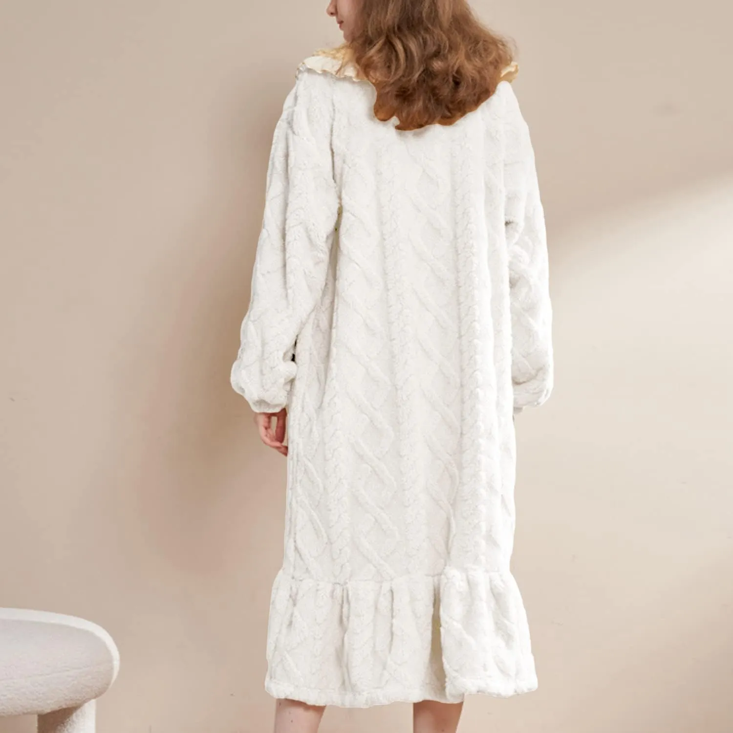 Women's Long Sleeve Nightgown Winter Plush Button Up Housecoat Floral Warm Fleece Sleep Dress Cute Cozy Duster Robe