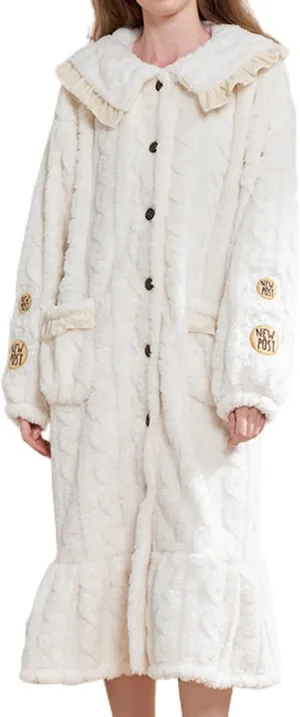 Women's Long Sleeve Nightgown Winter Plush Button Up Housecoat Floral Warm Fleece Sleep Dress Cute Cozy Duster Robe