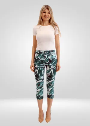 Women's Mid Rise Leaves Printed Stretch Capris