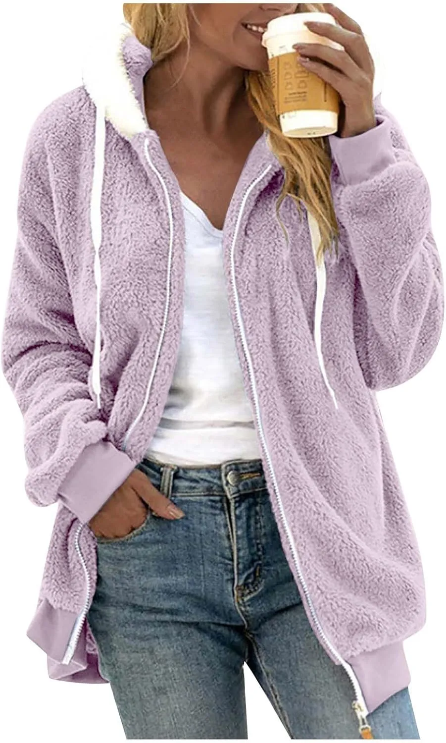 Womens Oversized Zip Up Coat Fuzzy Fleece Sherpa Jacket with Pockets Hoodie Outerwear Fall and Winter