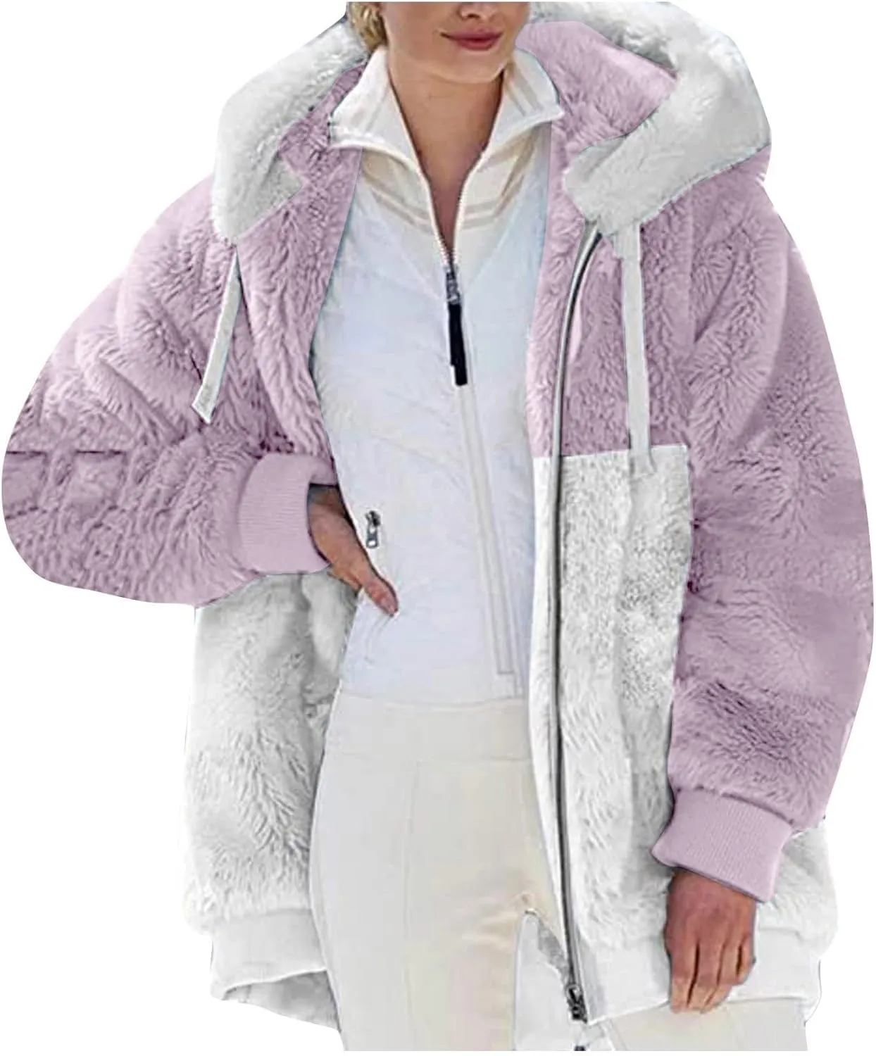 Womens Oversized Zip Up Coat Fuzzy Fleece Sherpa Jacket with Pockets Hoodie Outerwear Fall and Winter