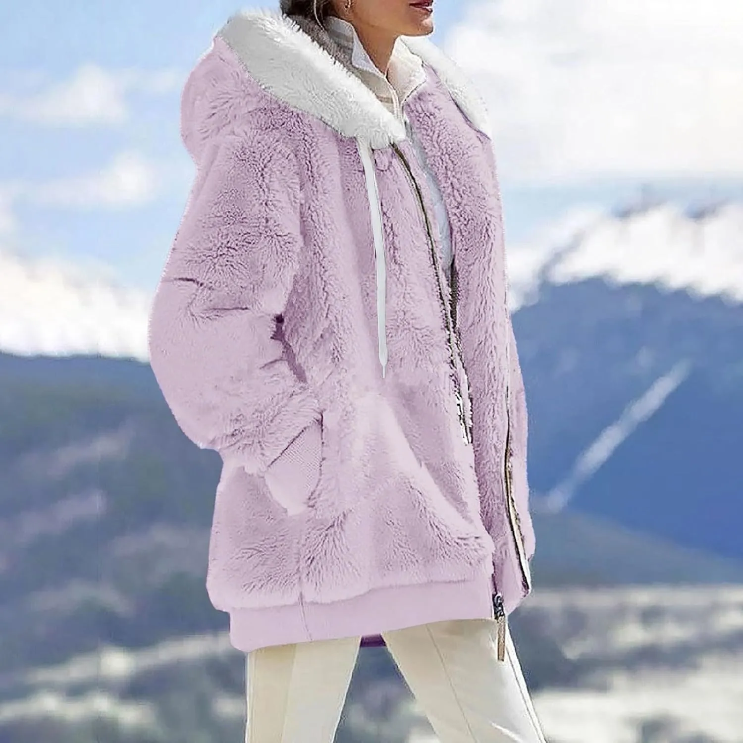 Womens Oversized Zip Up Coat Fuzzy Fleece Sherpa Jacket with Pockets Hoodie Outerwear Fall and Winter