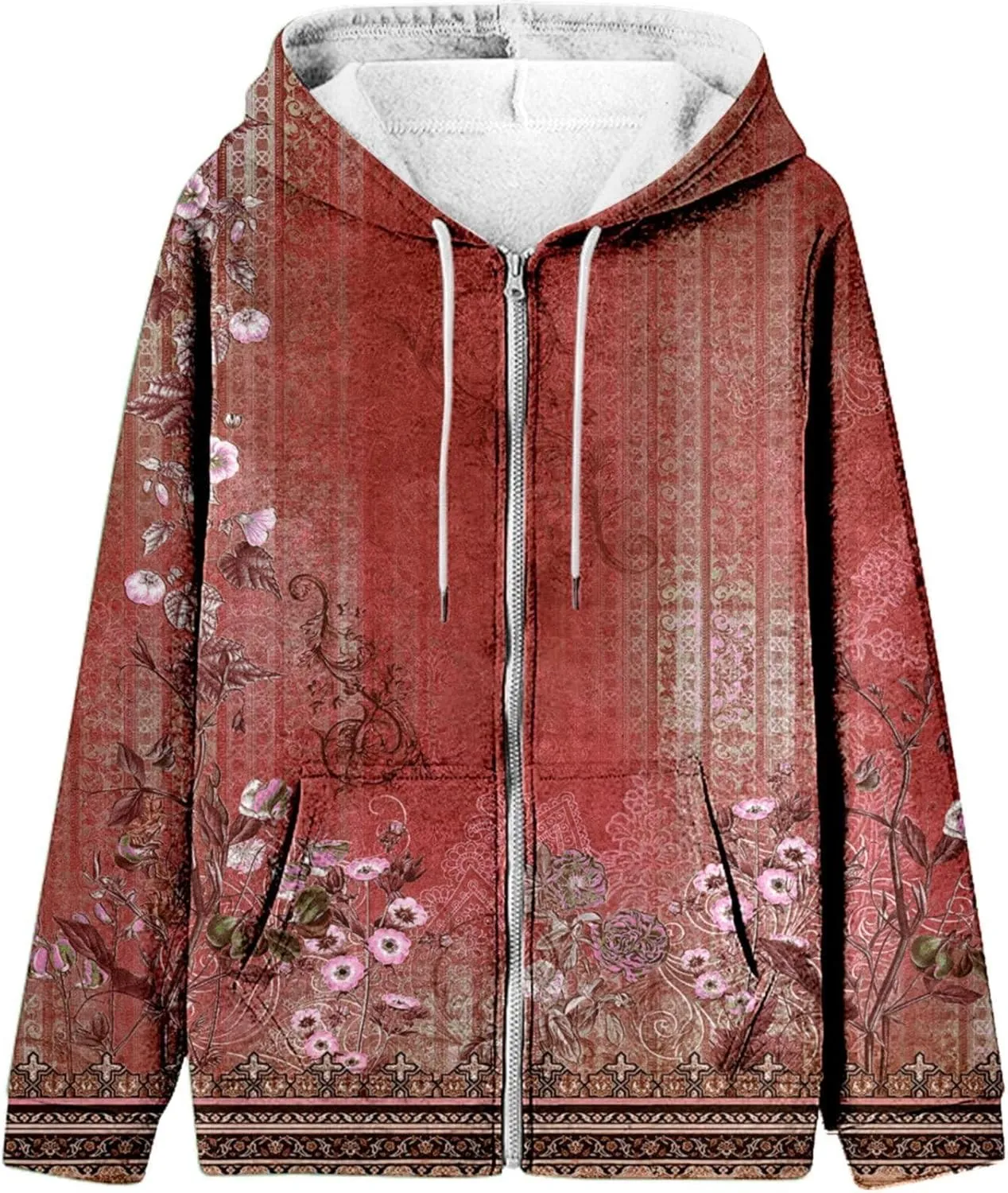 Women's Oversized Zip Up Hoodies Sweatshirts Floral Clothes Teen Girl Fall Drawstring Jackets with Pockets