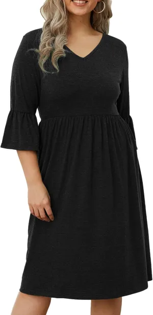 Women's Plus Size V Neck Dress 3/4 Sleeve Casual Empire Waist Ruffled Swing Midi Dress XL-5XL