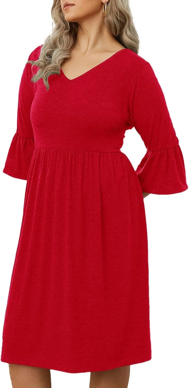 Women's Plus Size V Neck Dress 3/4 Sleeve Casual Empire Waist Ruffled Swing Midi Dress XL-5XL