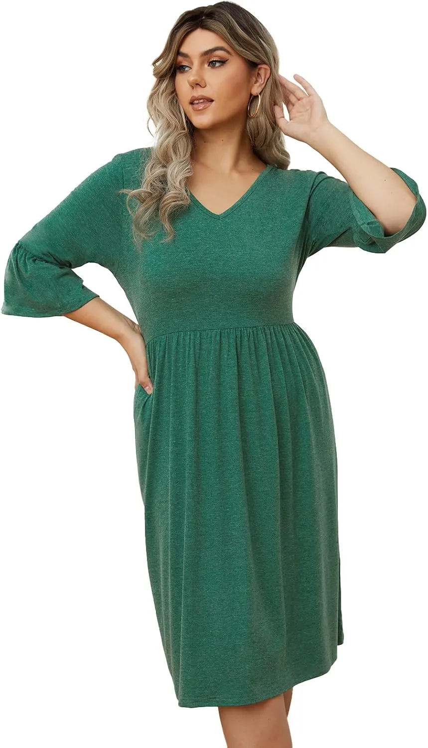 Women's Plus Size V Neck Dress 3/4 Sleeve Casual Empire Waist Ruffled Swing Midi Dress XL-5XL