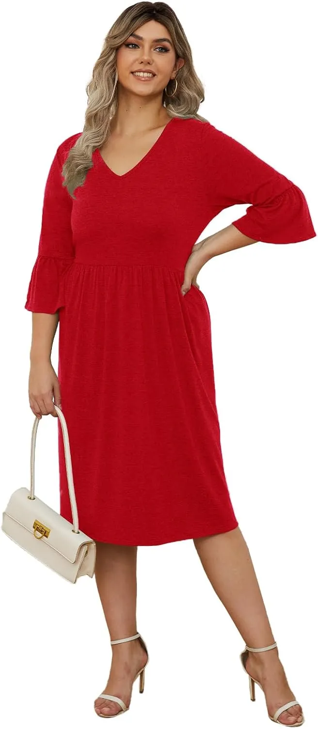 Women's Plus Size V Neck Dress 3/4 Sleeve Casual Empire Waist Ruffled Swing Midi Dress XL-5XL