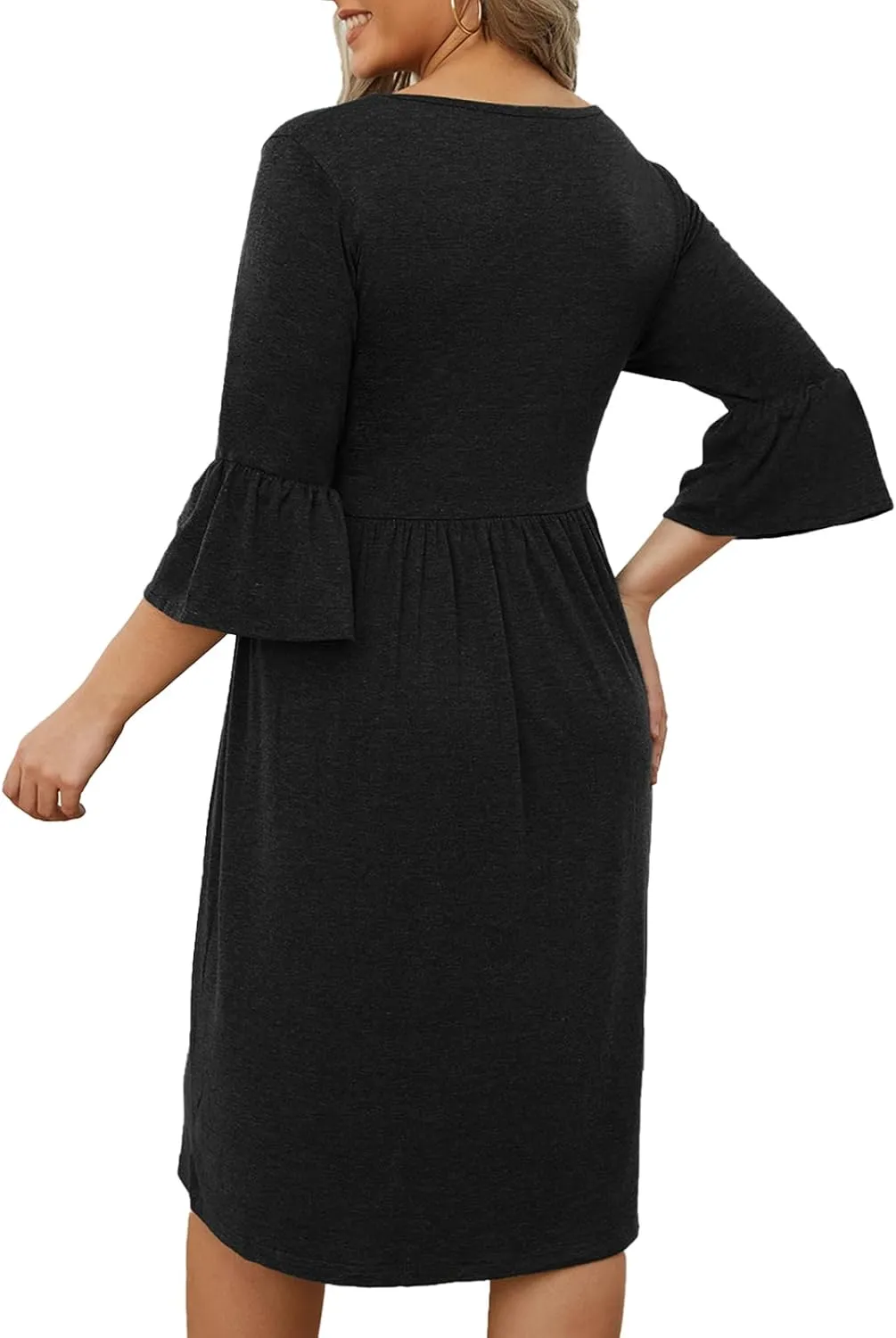 Women's Plus Size V Neck Dress 3/4 Sleeve Casual Empire Waist Ruffled Swing Midi Dress XL-5XL