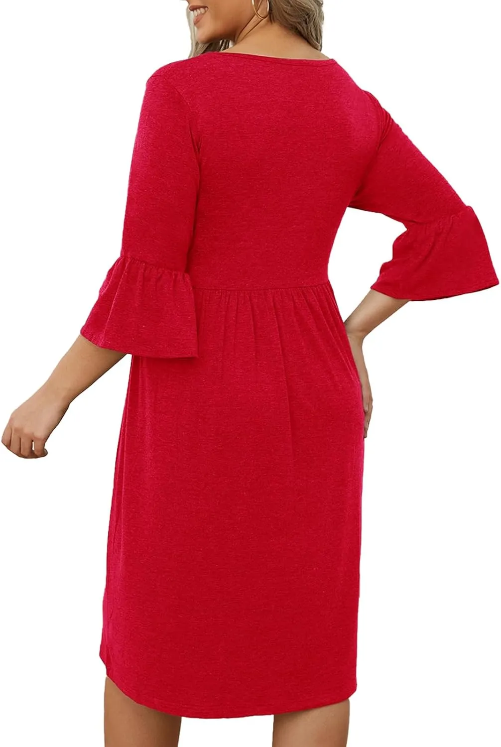 Women's Plus Size V Neck Dress 3/4 Sleeve Casual Empire Waist Ruffled Swing Midi Dress XL-5XL