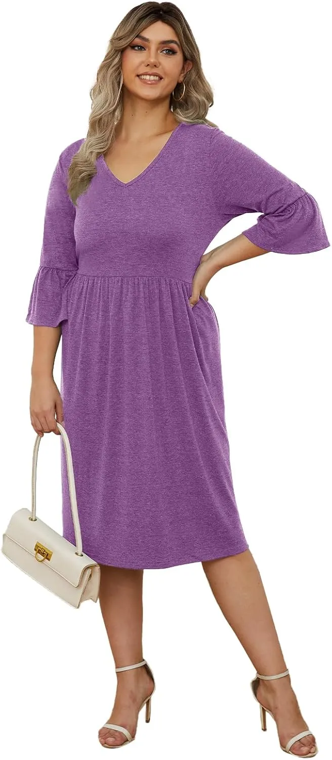 Women's Plus Size V Neck Dress 3/4 Sleeve Casual Empire Waist Ruffled Swing Midi Dress XL-5XL