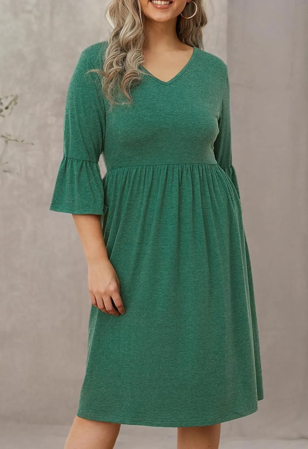 Women's Plus Size V Neck Dress 3/4 Sleeve Casual Empire Waist Ruffled Swing Midi Dress XL-5XL