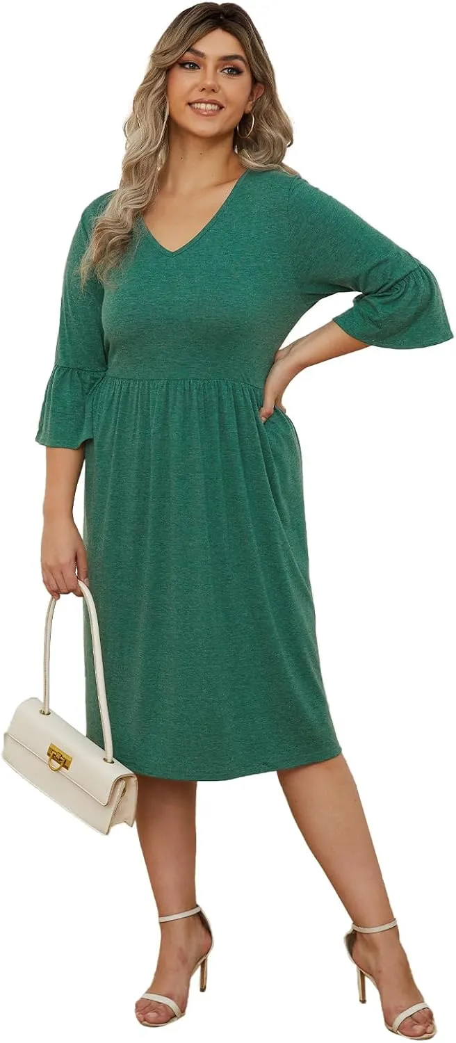 Women's Plus Size V Neck Dress 3/4 Sleeve Casual Empire Waist Ruffled Swing Midi Dress XL-5XL