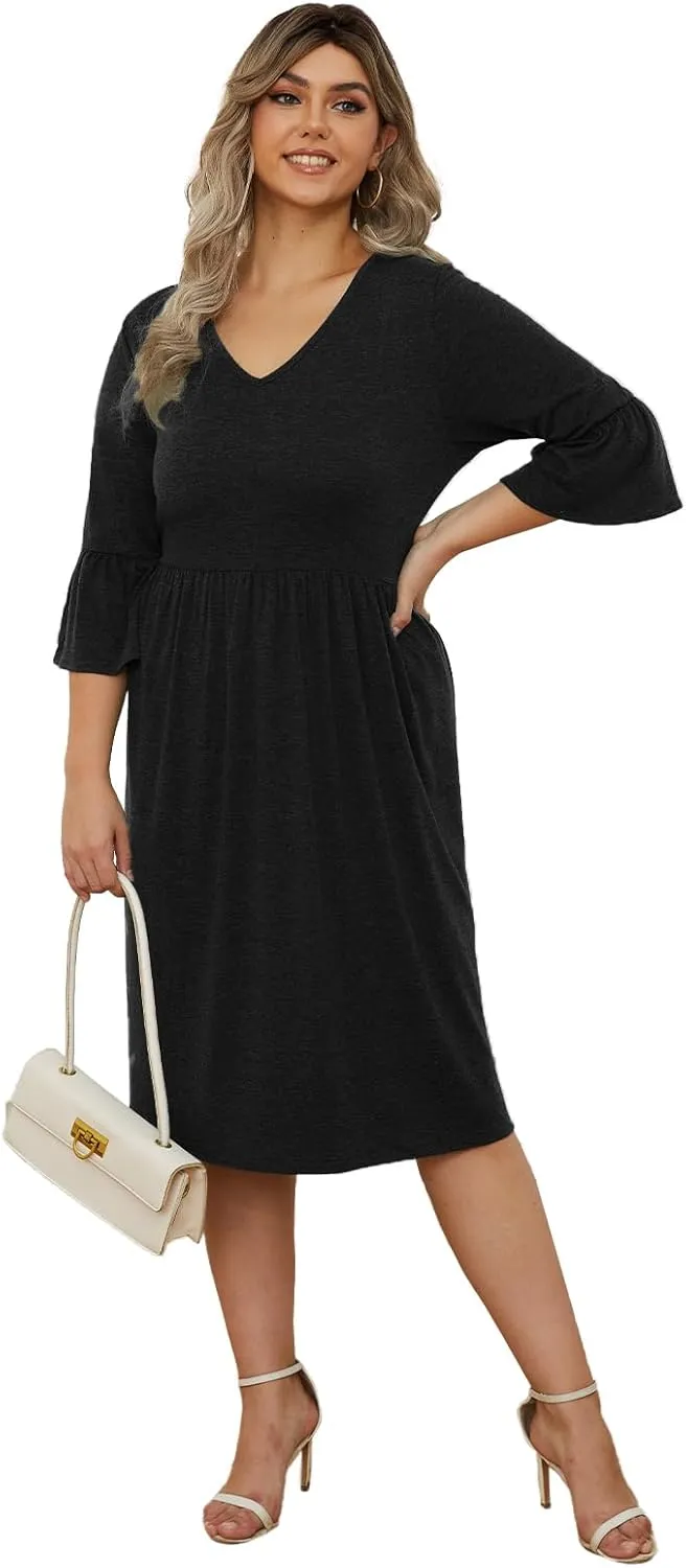 Women's Plus Size V Neck Dress 3/4 Sleeve Casual Empire Waist Ruffled Swing Midi Dress XL-5XL