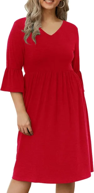 Women's Plus Size V Neck Dress 3/4 Sleeve Casual Empire Waist Ruffled Swing Midi Dress XL-5XL