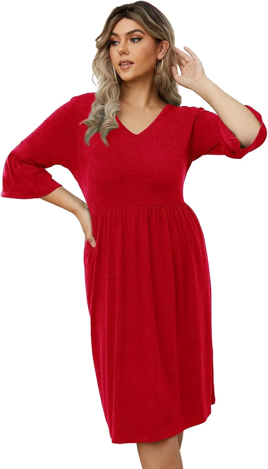 Women's Plus Size V Neck Dress 3/4 Sleeve Casual Empire Waist Ruffled Swing Midi Dress XL-5XL