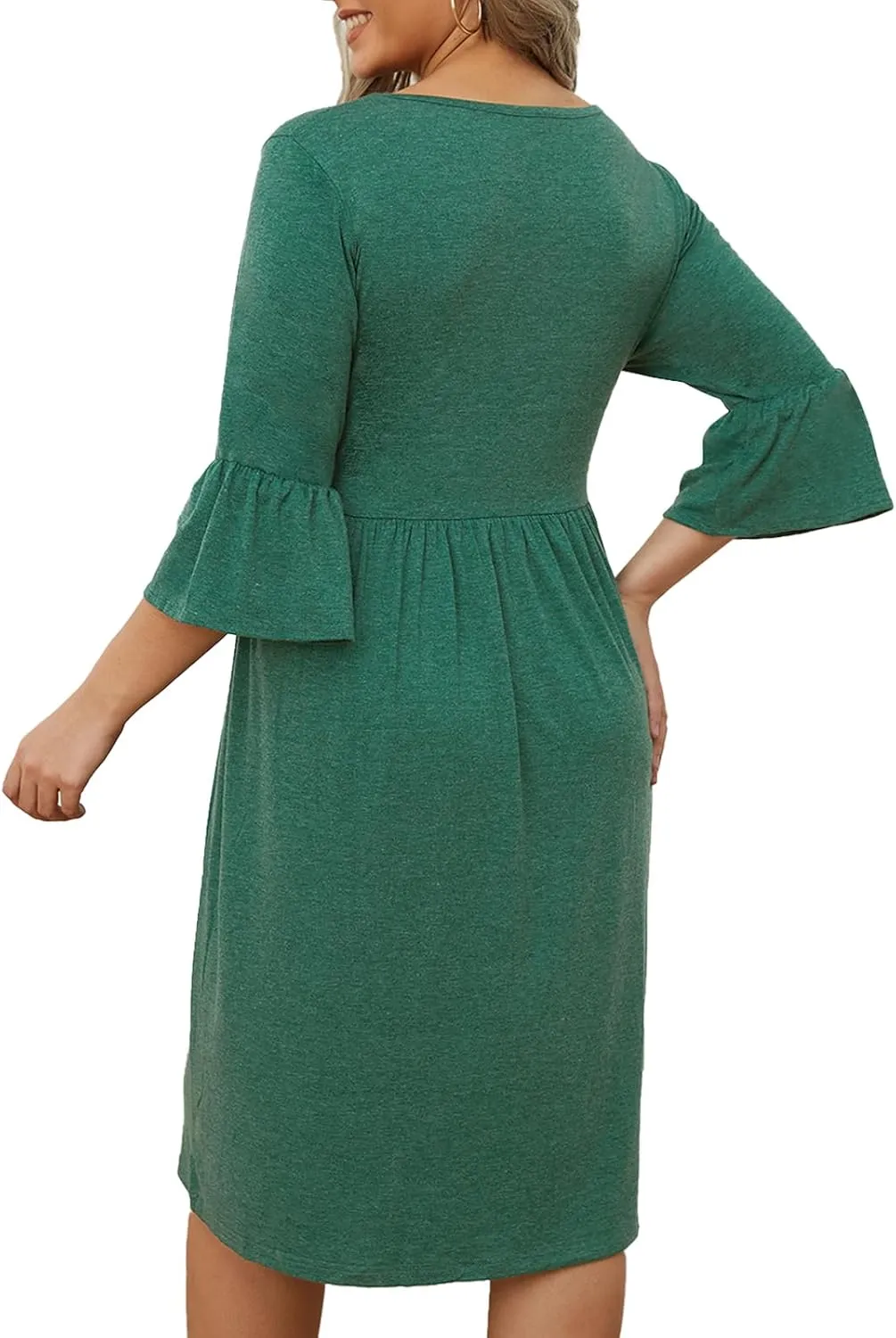 Women's Plus Size V Neck Dress 3/4 Sleeve Casual Empire Waist Ruffled Swing Midi Dress XL-5XL