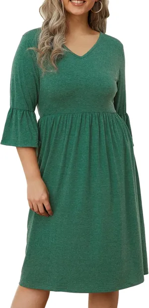 Women's Plus Size V Neck Dress 3/4 Sleeve Casual Empire Waist Ruffled Swing Midi Dress XL-5XL