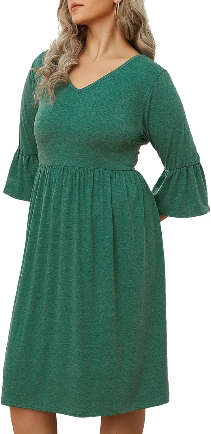 Women's Plus Size V Neck Dress 3/4 Sleeve Casual Empire Waist Ruffled Swing Midi Dress XL-5XL