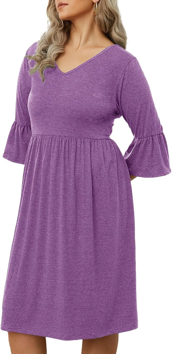 Women's Plus Size V Neck Dress 3/4 Sleeve Casual Empire Waist Ruffled Swing Midi Dress XL-5XL