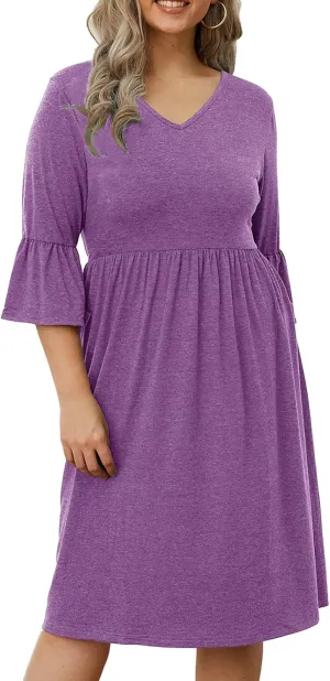 Women's Plus Size V Neck Dress 3/4 Sleeve Casual Empire Waist Ruffled Swing Midi Dress XL-5XL
