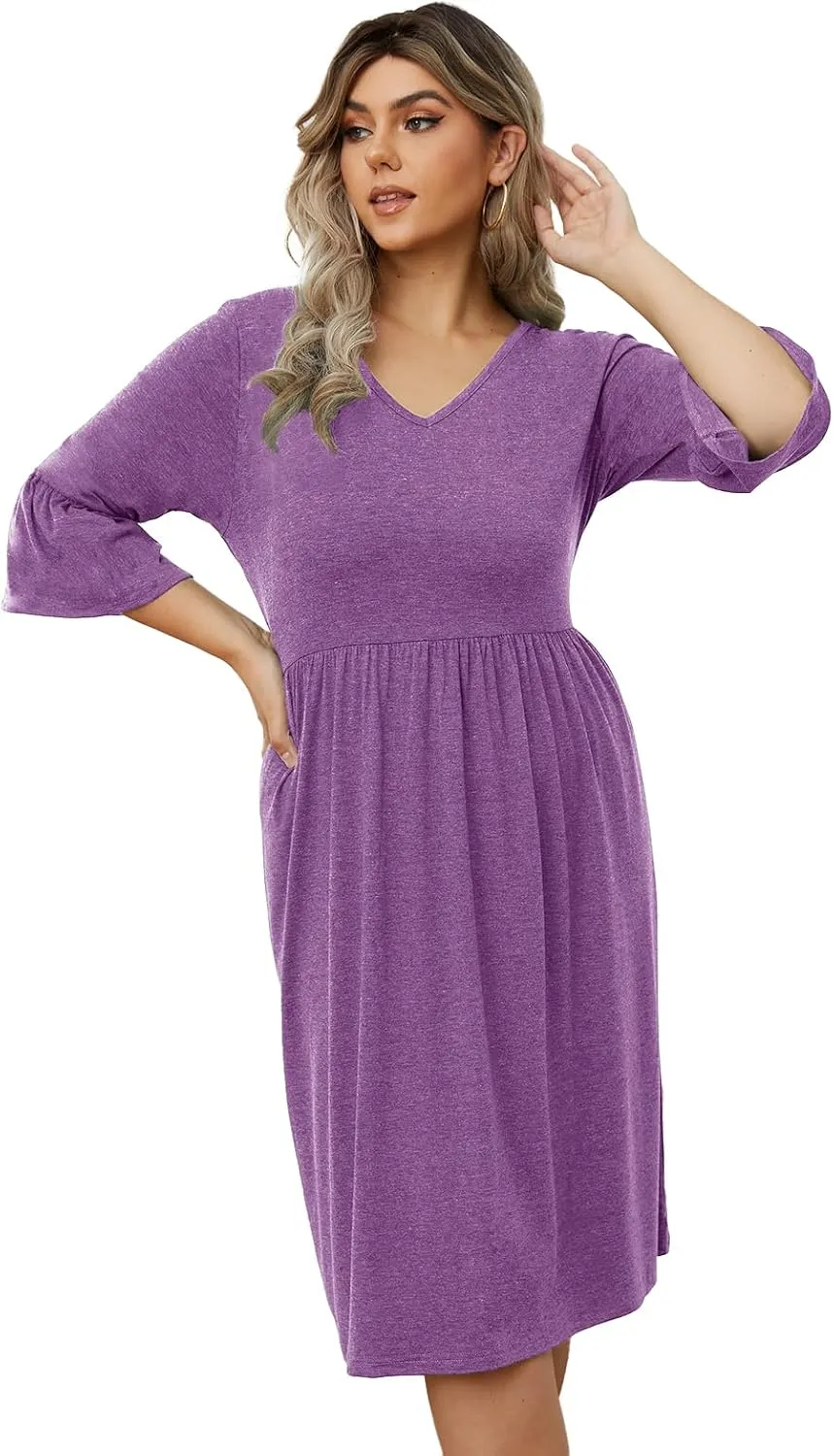 Women's Plus Size V Neck Dress 3/4 Sleeve Casual Empire Waist Ruffled Swing Midi Dress XL-5XL