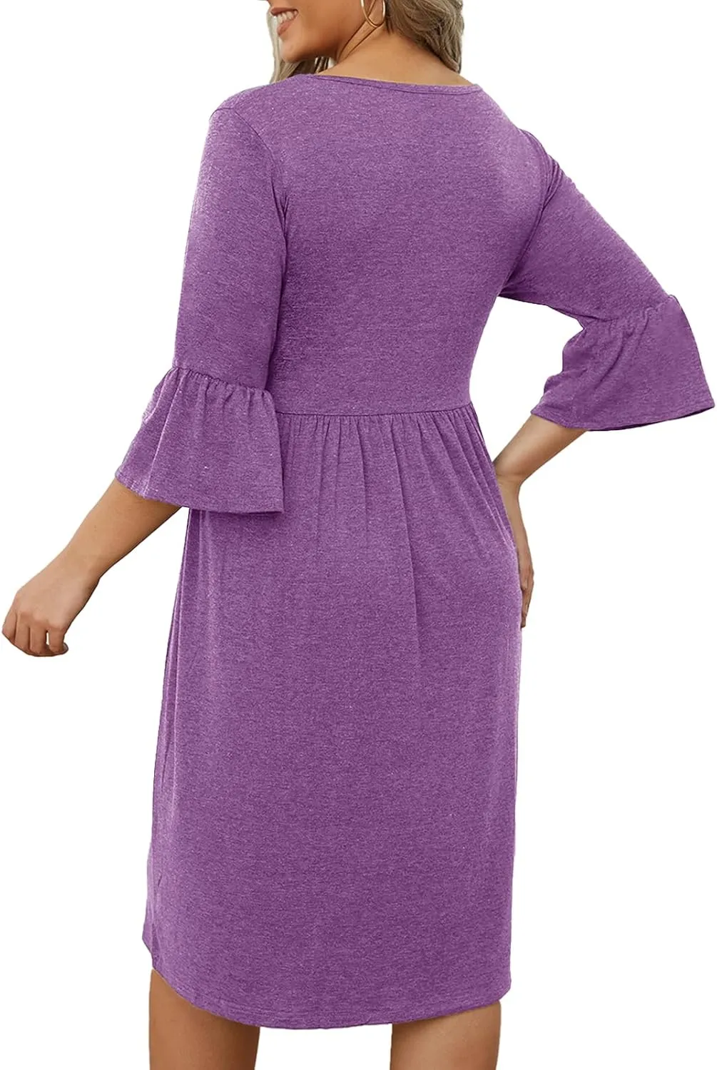 Women's Plus Size V Neck Dress 3/4 Sleeve Casual Empire Waist Ruffled Swing Midi Dress XL-5XL