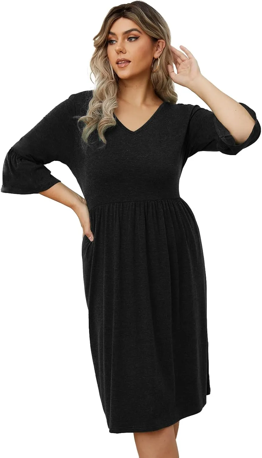 Women's Plus Size V Neck Dress 3/4 Sleeve Casual Empire Waist Ruffled Swing Midi Dress XL-5XL