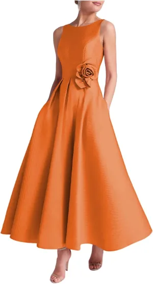 Women's Satin Tea Lenght Mother of The Bride Dress Crew Neck Formal Dress Elegant Wedding Guest Dress with Pocket