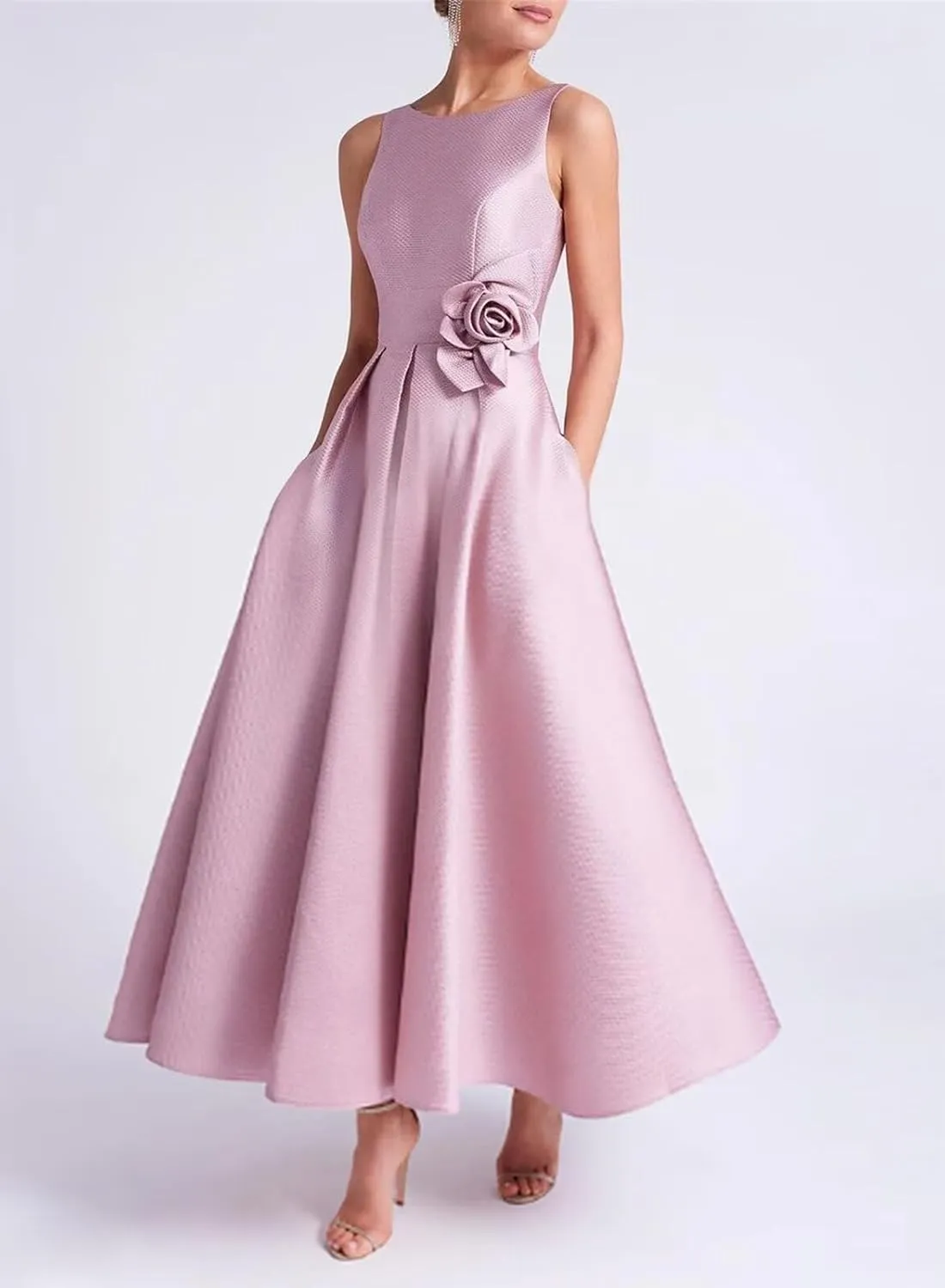 Women's Satin Tea Lenght Mother of The Bride Dress Crew Neck Formal Dress Elegant Wedding Guest Dress with Pocket