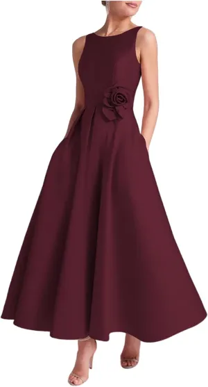 Women's Satin Tea Lenght Mother of The Bride Dress Crew Neck Formal Dress Elegant Wedding Guest Dress with Pocket