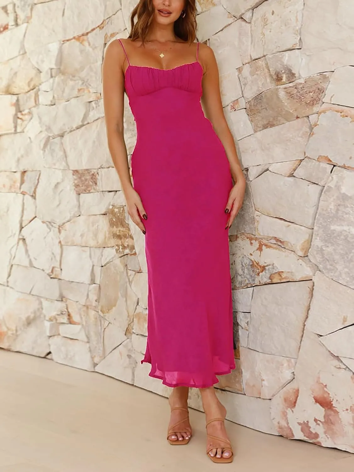 Women's Sexy Backless Maxi Dress Spaghetti Straps Sleeveless Elegant Long Formal Cocktail Party Dresses