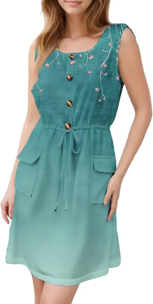 Women's Spring Dresses Sleeveless Trendy Tie Waist Elegant Square Neck Flowy Holiday Loose Fit Midi Dress