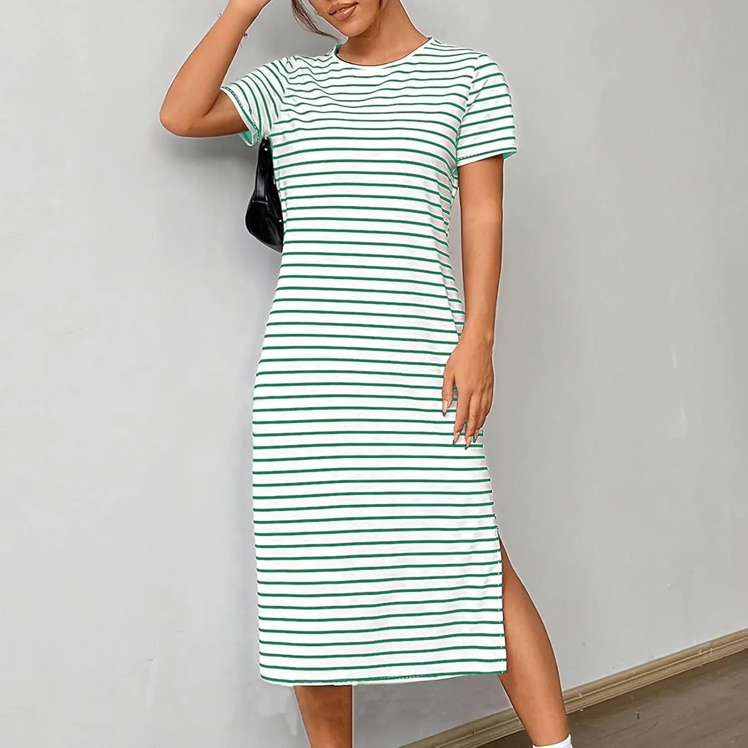 Womens Striped Summer Dress Short Sleeve T Shirt Dress Casual Midi Dresses Side Split Sundress Beach Vacation Outfits