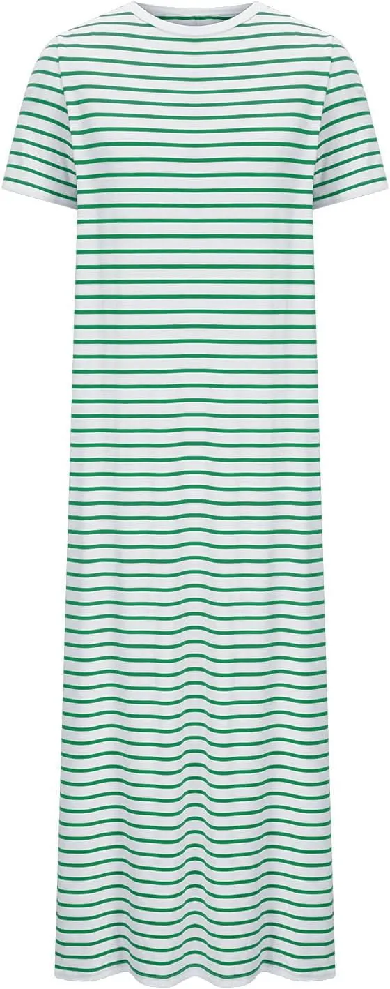 Womens Striped Summer Dress Short Sleeve T Shirt Dress Casual Midi Dresses Side Split Sundress Beach Vacation Outfits