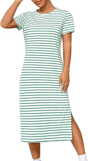 Womens Striped Summer Dress Short Sleeve T Shirt Dress Casual Midi Dresses Side Split Sundress Beach Vacation Outfits
