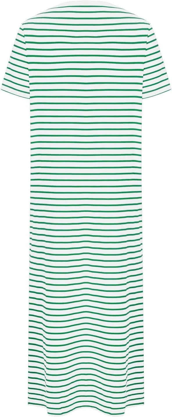 Womens Striped Summer Dress Short Sleeve T Shirt Dress Casual Midi Dresses Side Split Sundress Beach Vacation Outfits