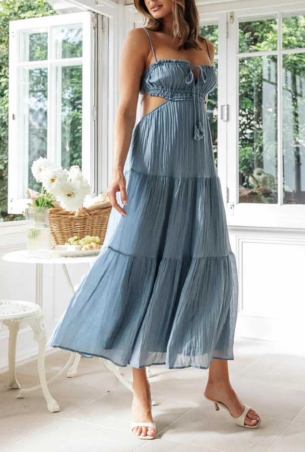 Women's Summer Dress V Neck Spaghetti Strap Sleeveless High Waist Bohemian Wedding Beach Casual Maxi Long Dresses