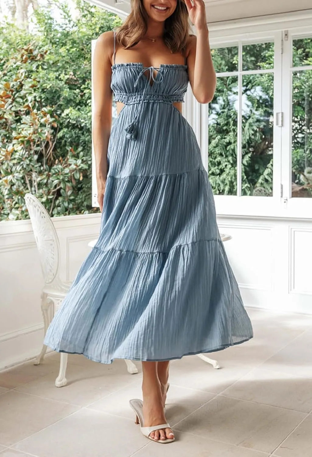 Women's Summer Dress V Neck Spaghetti Strap Sleeveless High Waist Bohemian Wedding Beach Casual Maxi Long Dresses